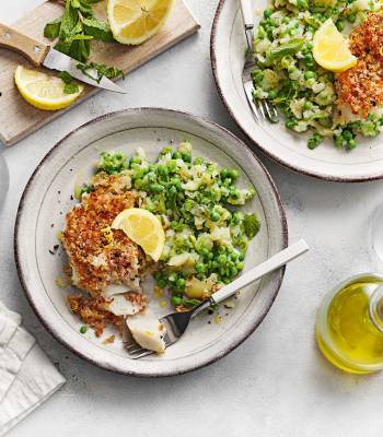 Bacon-crumbed cod with minty crushed potatoes and peas