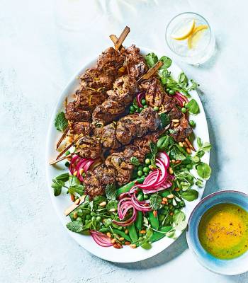 Lamb kebabs with summer pea salad
