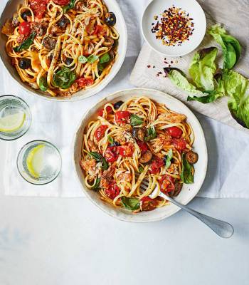 Mackerel, cherry tomato and olive linguine