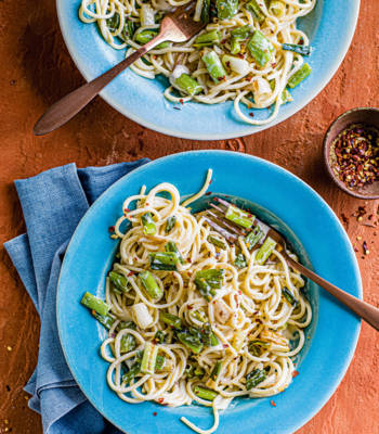 Charred spring onion miso spaghetti