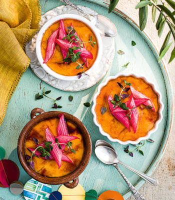 Crema Catalana with roasted rhubarb and thyme