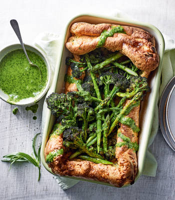 Roasted broccoli and asparagus Yorkshire pudding