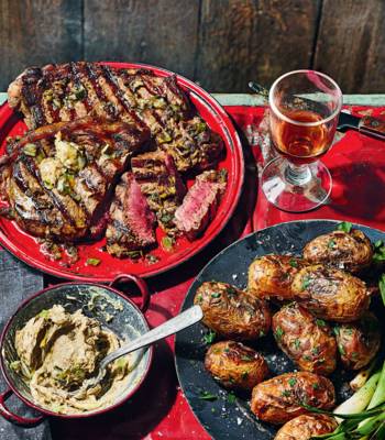 Steak with roasted garlic and burnt spring onion butter