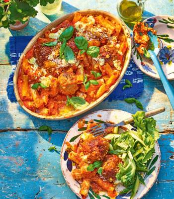 Lamb meatball, red pepper and feta rigatoni bake