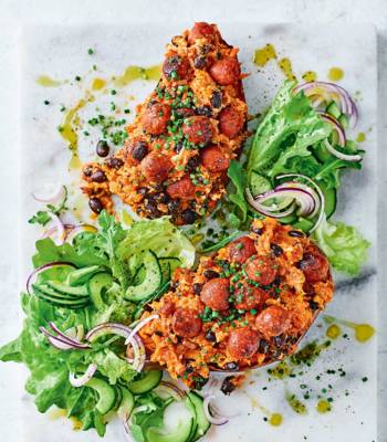 ‘Chorizo’ and black bean loaded sweet potato boats