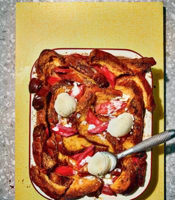 Rhubarb and custard bread and butter pudding