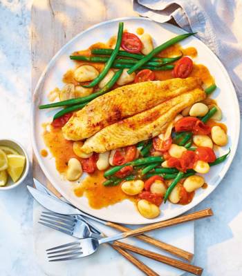 Pan-fried basa with smoky tomato beans