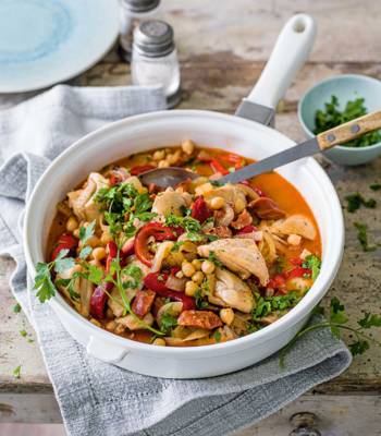 Sherry-braised chicken with chorizo and chickpeas