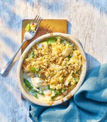 Smoked haddock, asparagus and bean gratin