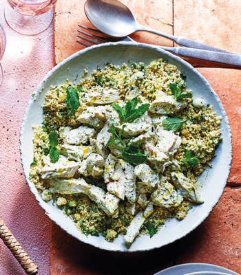Green couscous with torn tahini chicken 