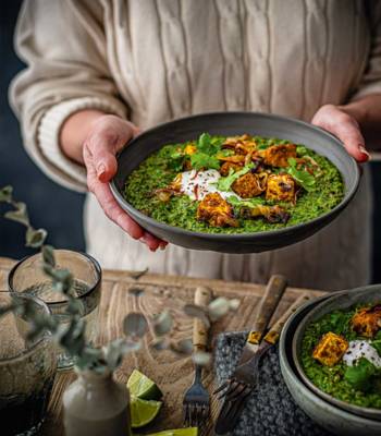 Emerald dhal with golden tofu