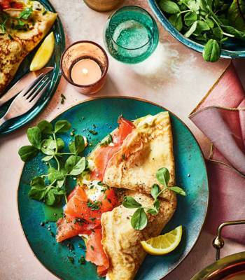 Smoked salmon pancake, truffle soured cream and chives 