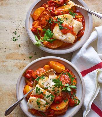 Braised cod patatas bravas