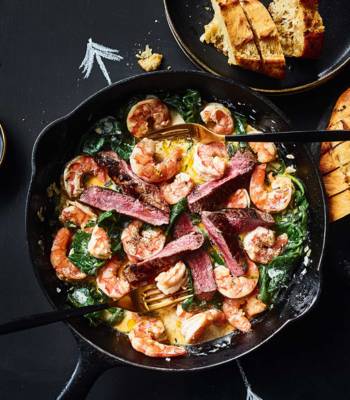 Surf and turf skillet with garlic dippers