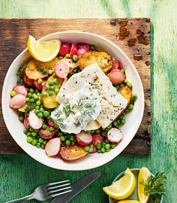 Cod with spring veg and dill yogurt