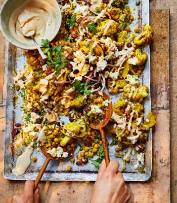 Spiced and roasted cauliflower with herby bulgur wheat and tahini