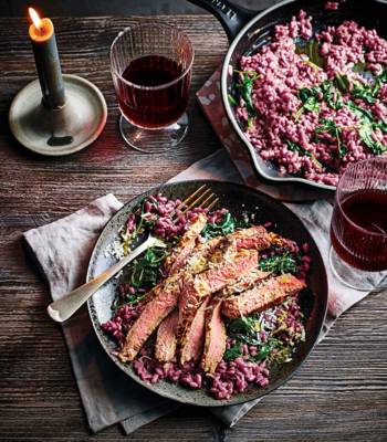 Seared horseradish steak with red wine and rosemary risotto