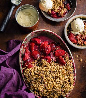 Boozy plum crisp with brown butter ice cream
