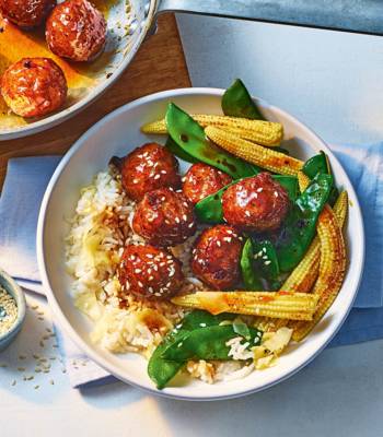 Sticky soy-glazed meatballs with ginger rice