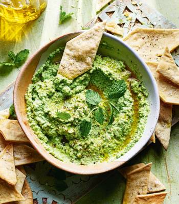Minty broad bean and pea dip with olive oil crackers