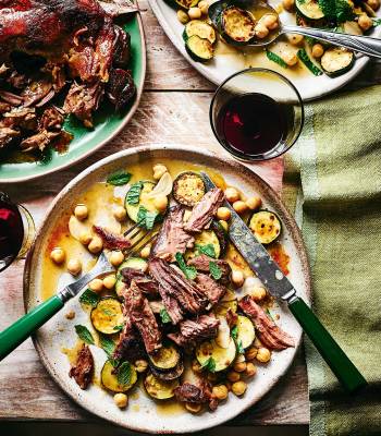 Slow-cooked lamb shoulder with vermouth-braised courgettes