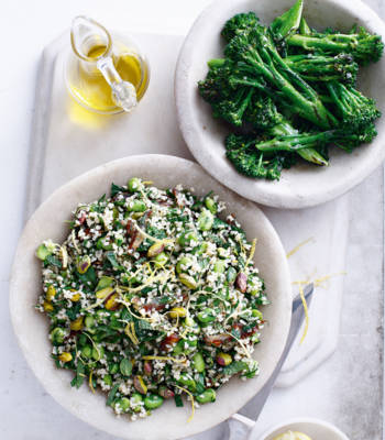 Bulgur, broad beans and dates salad with griddled broccoli