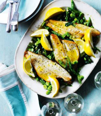 Sea bass with asparagus, broad beans and spinach