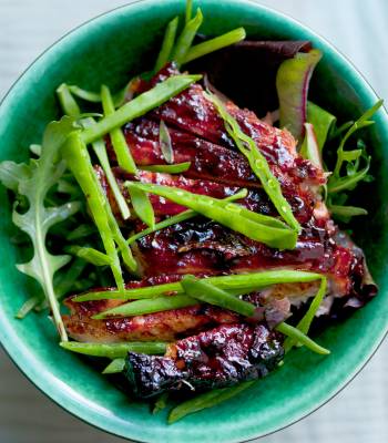 Pork chops, mint, mangetout and spring leaves