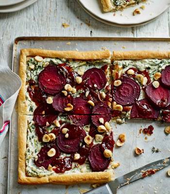 Beetroot, goats’ cheese and hazelnut tart