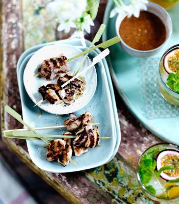Fragrant chicken skewers with almond dipping sauce