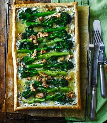 Purple sprouting broccoli blue cheese tart