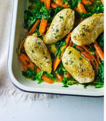 Orange roasted chicken with spring vegetables 