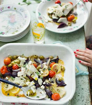 Roasted onions and fennel with feta and olives