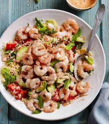 Prawn and avocado couscous with harissa yogurt 