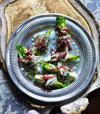 Lettuce wedge and candied bacon salad with green goddess dressing