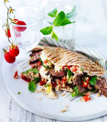 Griddled lamb, mint and tomato couscous wraps 