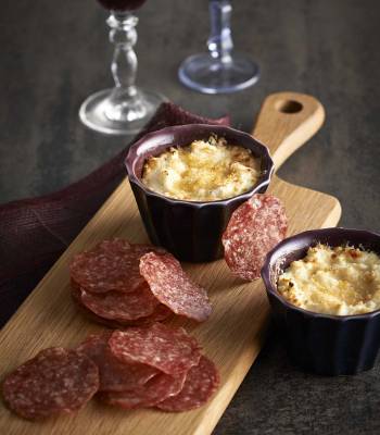 Salami crisps with baked ricotta dip