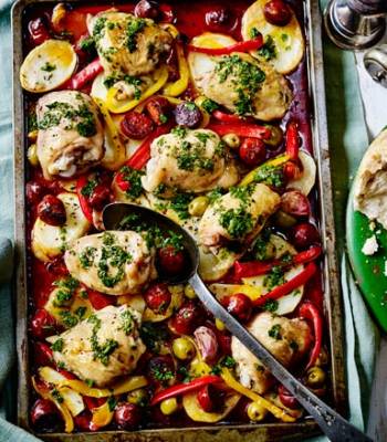 Chicken, chorizo, peppers and potato one-pot roast