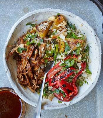 Pineapple and cashew rice salad with hula pork and roast peppers
