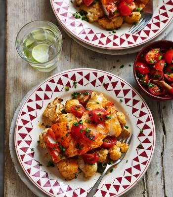 Spiced cod with roasted cauliflower and salsa