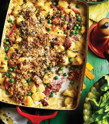 Gnocchi, ham and pea gratin