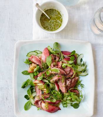 Warm beef, nectarine and rocket salad with Thai dressing