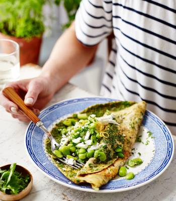 Herb omelette with feta and broad beans