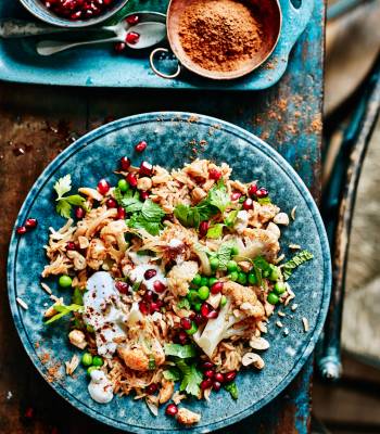 Spiced cauliflower, pea and cashew pilaf