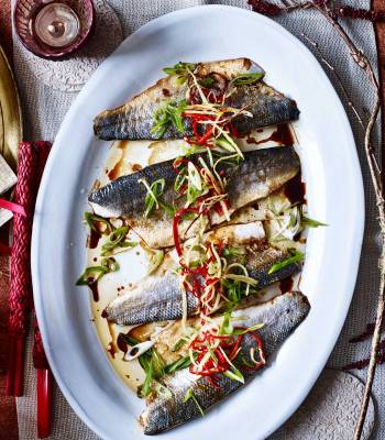 Pan-fried sea bass with ginger and spring onion