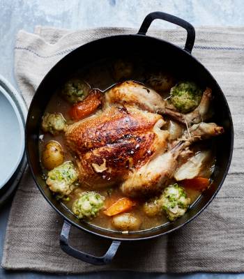 Slow-cooked chook with pea and parsley dumplings
