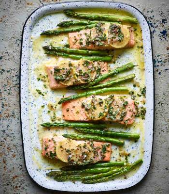 Salmon traybake with lemon butter and asparagus  
