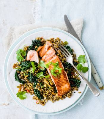 Crispy salmon with freekeh and cavolo nero