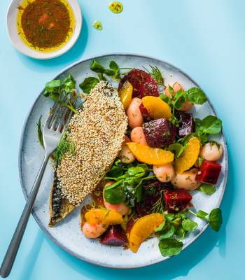 Sesame mackerel with orange and beetroot salad 