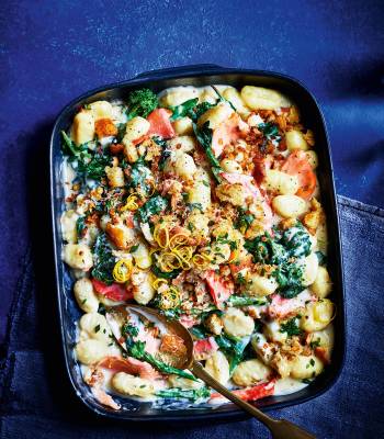 Luxe smoked salmon gnocchi bake